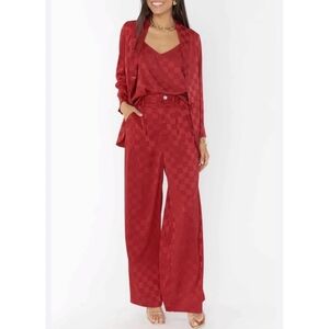 Show Me Your Mumu Tanner Satin Trouser  Pants Red Checkerboard print size Large